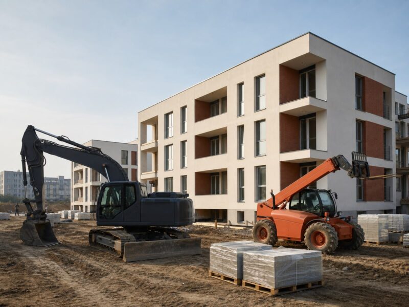 Plac budowy osiedla: koparka i ladowarka teleskopowa przed budynkiem